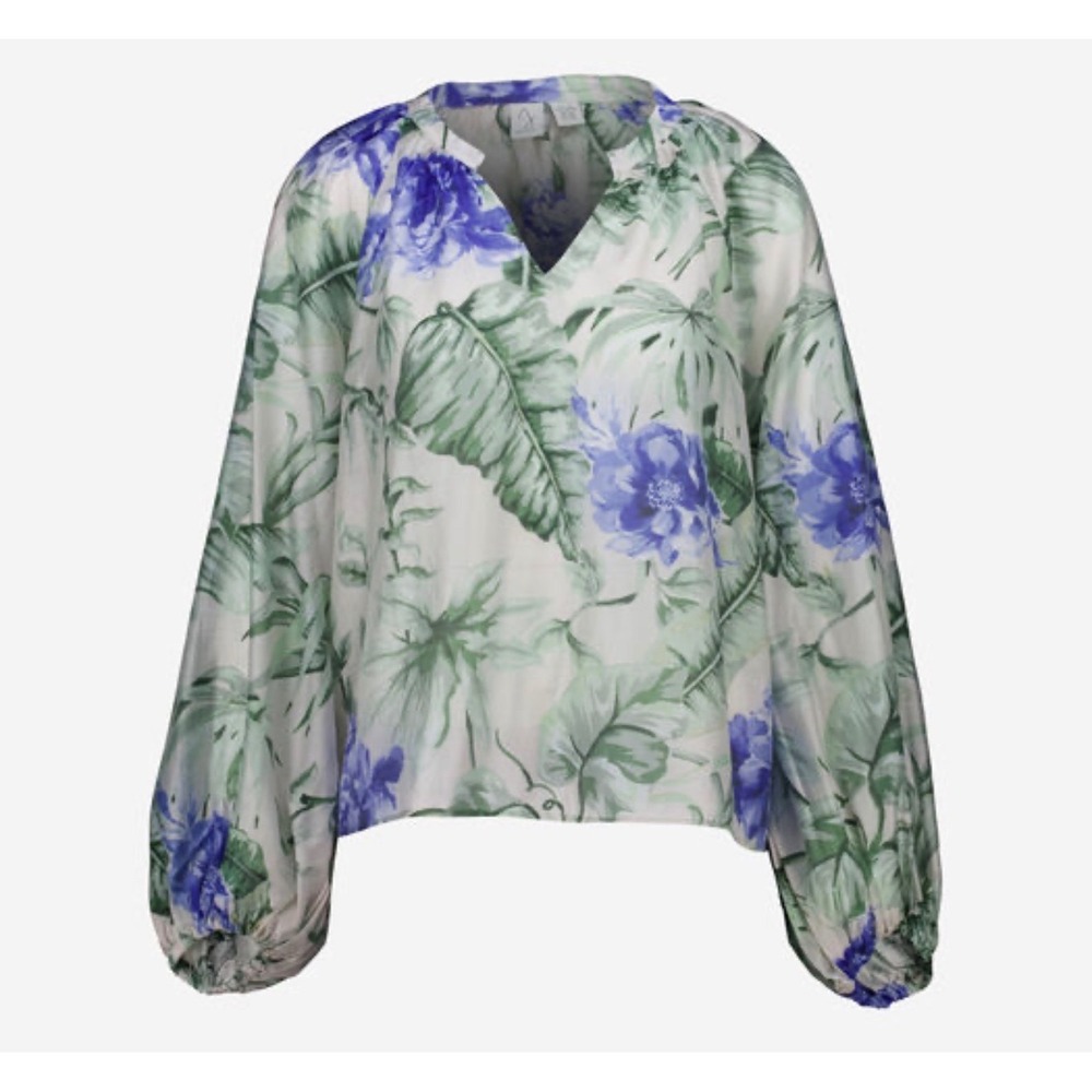 Joie Women 1X Floral Tropical Leaf V-Neck Balloon Sleeve Blouse Blue Green NWT